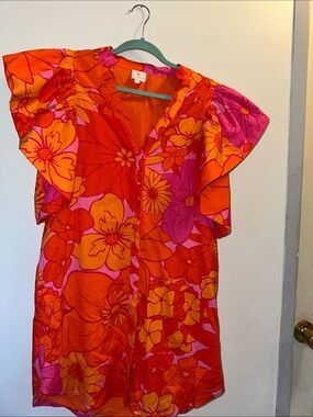 Bright Floral V-Neck Romper in Orange & Pink